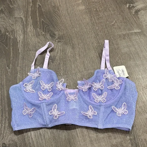Sparkly Purple Bra Top w/ Pink Butterflies Rave EDM - Picture 1 of 4